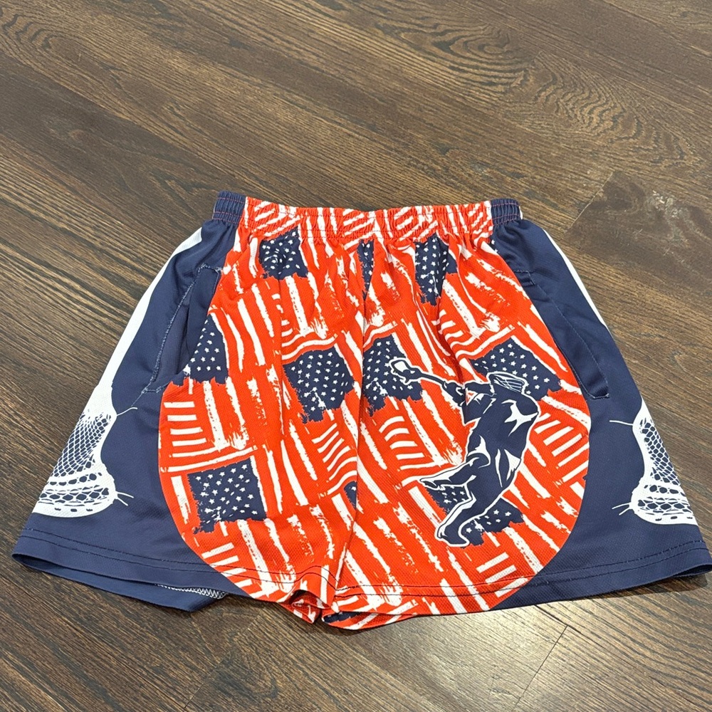 Chalk Talk Sports Boy’s Red and Navy Athletic Shorts with Graphic Size Large